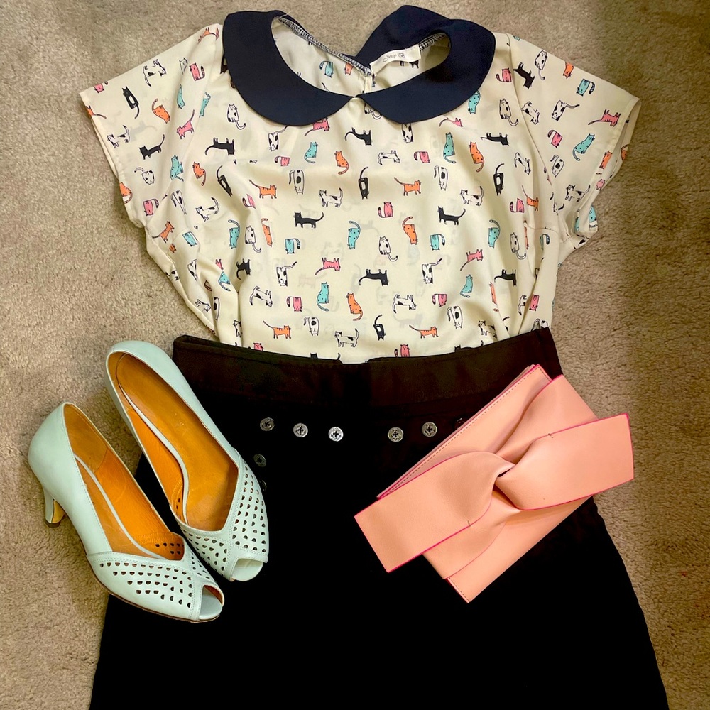 Cat Blouse with a Navy Peter Pan Collar